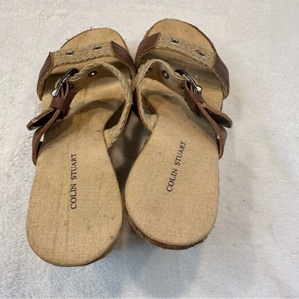 EU Maurice’s Colin Stuart Lenny Up Front Tan Buckle Platform Sandal, Y2K Slip-on